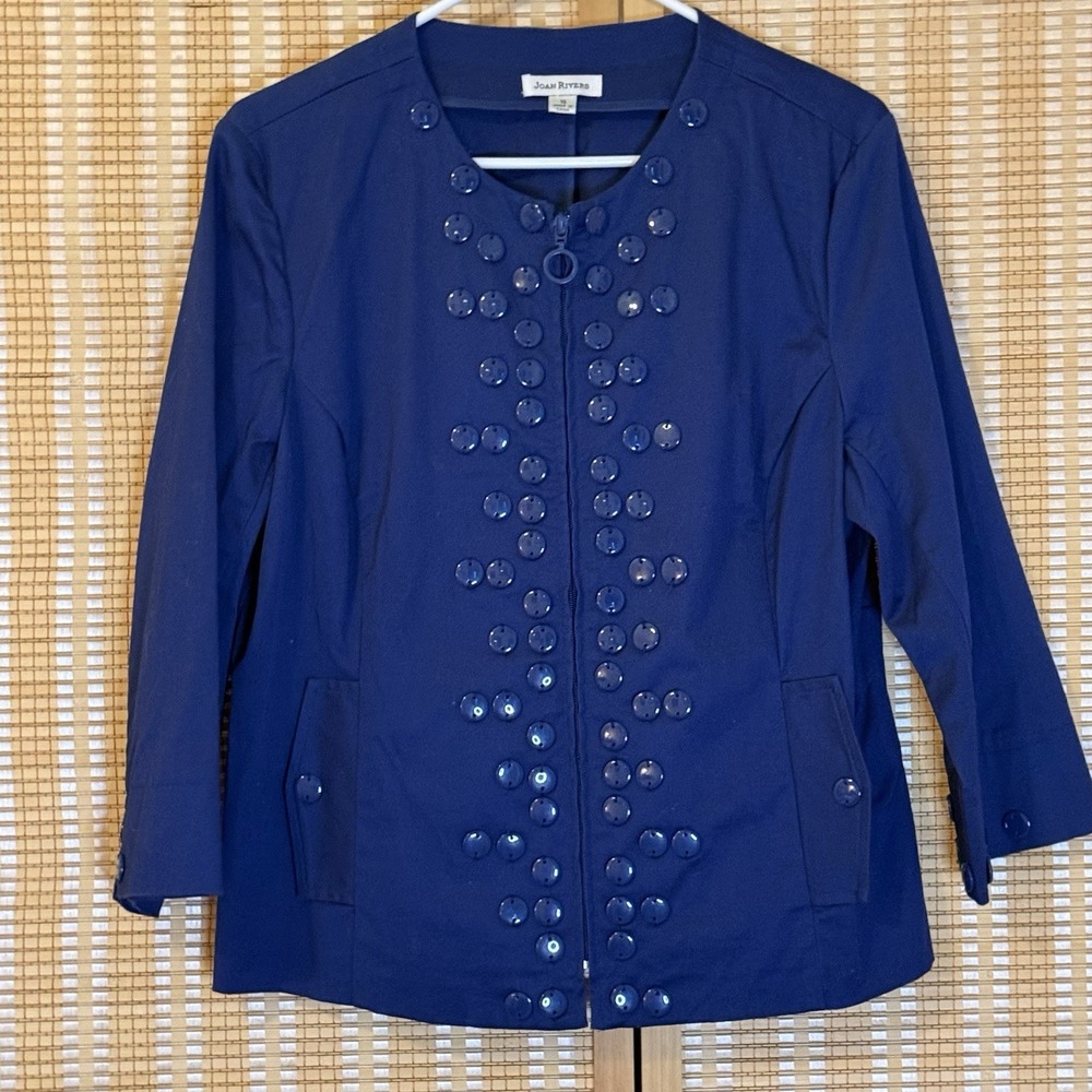Joan Rivers Womens 16 Jacket Navy Button Detailed Zipper Y2K 90's Office Pocket